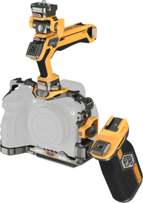 800q-01_134240 SmallRig 5518 HawkLock Quick Release Cage Kit - BumbleBee Edition, orange and black, with top handle, grip and body mount, shown mounted on a Sony Alpha camera body, which is partially transparent to highlight the kit.