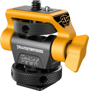 800q-01_134241 Lähikuva SmallRig 5519 Swivel & Tilt Monitor Support - BumbleBee Edition -telineestä, jossa on keltainen ja musta metallirakenne, TRANSFORMERS-tuotemerkki, kuvioidut säätönupit ja kompakti teollinen muotoilu.