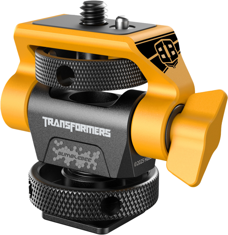 800q-01_134241 Lähikuva SmallRig 5519 Swivel & Tilt Monitor Support - BumbleBee Edition -telineestä, jossa on keltainen ja musta metallirakenne, TRANSFORMERS-tuotemerkki, kuvioidut säätönupit ja kompakti teollinen muotoilu.