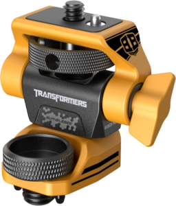 800q-01_134242 SmallRig 5520 Swivel & Tilt Monitor Support - BumbleBee Edition on keltaisesta ja mustasta metallista valmistettu kameran kiinnityspää, jossa on Transformers-logo, Bumblebee-brändi ja säädettävät nupit laitteiden sijoittelua varten.