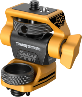 800q-01_134242 The SmallRig 5520 Swivel & Tilt Monitor Support - BumbleBee Edition is a yellow and black metal camera mount head with Transformers logo, Bumblebee branding and adjustable knobs for positioning equipment.
