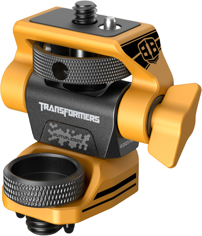 800q-01_134242 SmallRig 5520 Swivel & Tilt Monitor Support - BumbleBee Edition on keltaisesta ja mustasta metallista valmistettu kameran kiinnityspää, jossa on Transformers-logo, Bumblebee-brändi ja säädettävät nupit laitteiden sijoittelua varten.