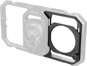 800q-01_134251 Lähikuva SmallRig 5277 67mm kierteinen suodatinadapteri irrotettavilla varjostimilla älypuhelinkehykseen kiinnitetystä modulaarisesta kameralaitteesta, jossa on näkyvä pyöreä kiinnitys ja säätönuppi, puoliksi läpinäkyvässä harmaassa kehyksessä.
