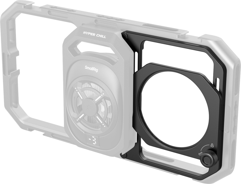 800q-01_134251 Lähikuva SmallRig 5277 67mm kierteinen suodatinadapteri irrotettavilla varjostimilla älypuhelinkehykseen kiinnitetystä modulaarisesta kameralaitteesta, jossa on näkyvä pyöreä kiinnitys ja säätönuppi, puoliksi läpinäkyvässä harmaassa kehyksessä.