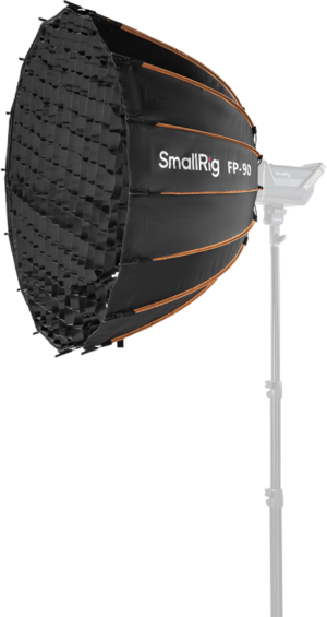 800q-01_134253 The black SmallRig 5395 FP-90 Quick-Setup Folding Folding Parabolic Softbox with orange ribs and grid mount is mounted on a high stand against a plain background.