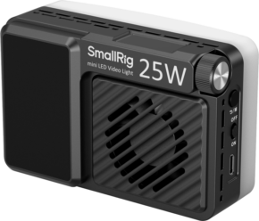 800q-01_134255 SmallRig 5357 RM-25C mini LED Video Light -valo, 25W, musta, sisältää tuuletetun etupaneelin, sivusäätimet, virtakytkimen ja USB-C-latausportin.