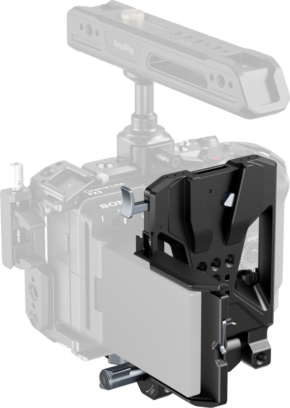 800q-01_134257 The SmallRig 4323 V-Mount Battery Mount Panel Kit, a black and silver camera accessory, is attached to a semi-transparent digital camera mount with top handle and multiple mounting points.