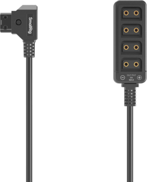 800q-01_134317 The SmallRig 4831 D-Tap 1-to-4 power cable is a black audio adapter cable with a rectangular plug and rectangular block with four gold-plated input ports marked with plus and minus signs.