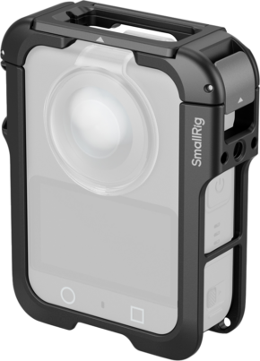 SmallRig 5704 Frame for DJI Osmo 360 is a black camera cage designed to protect and secure accessories to the DJI Osmo 360 action camera, which is pictured at an angle with the semi-transparent camera inside.
