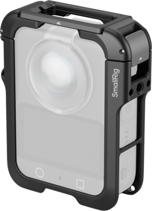 800q-01_134339 SmallRig 5704 Frame for DJI Osmo 360 is a black camera cage designed to protect and secure accessories to the DJI Osmo 360 action camera, which is pictured at an angle with the semi-transparent camera inside.