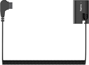 800q-01_134414 SmallRig 5410 D-Tap - LP-E6P The power cable is a black twisted pair cable with an L-shaped USB connector at one end and a rectangular SmallRig battery adapter at the other end, shown with a white background.