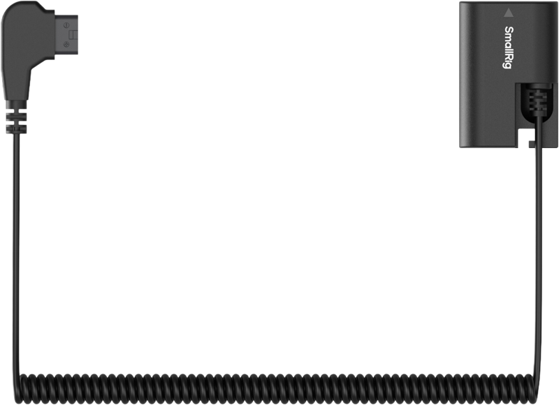 800q-01_134414 SmallRig 5410 D-Tap - LP-E6P The power cable is a black twisted pair cable with an L-shaped USB connector at one end and a rectangular SmallRig battery adapter at the other end, shown with a white background.