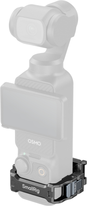 800q-01_134499 SmallRig 5607 Cage Adapter for DJI Osmo Pocket 3 on kiinnitetty puoliksi läpinäkyvän harmaan DJI Osmo Pocketin pohjaan. Sovittimessa on liukulukko, jossa on merkintä OPEN.