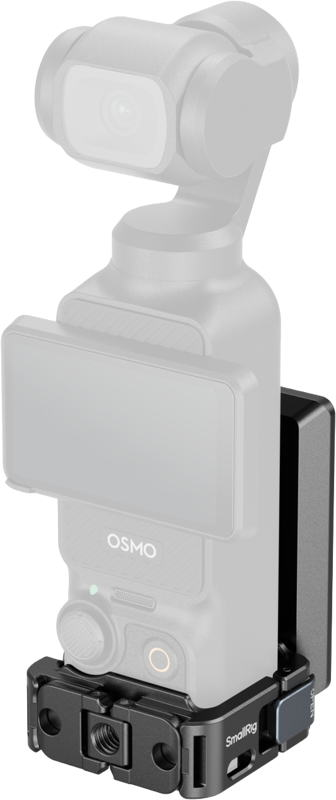 800q-01_134500 Lähikuva SmallRig 5581 Mount Support for DJI Osmo Pocket 3 -kiinnitystuki, joka on kiinnitetty tukevasti kannettavan Osmo Pocket 3 -kameran jalustaan, jossa on suuri akkupaketti sivulla; kamera näkyy puoliksi läpinäkyvänä.