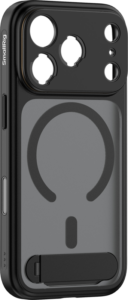 800q-01_134556 SmallRig 5549 FilMov Lightweight Photography Phone Case - iPhone 17 Pro (musta) -puhelinkotelossa on useita kamera- ja painikeaukkoja, pyöreä MagSafe-alue takana ja sisäänrakennettu jalusta pohjassa.