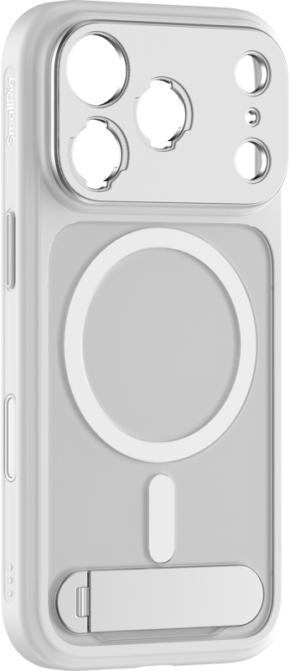 800q-01_134557 SmallRig 5550 FilMov Lightweight Photography Phone Case - iPhone 17 Pro (valkoinen) on kirkas MagSafe-yhteensopiva kotelo, jossa on tarkat kamera- ja painikeaukot sekä sisäänrakennettu suorakulmainen jalusta pohjassa.