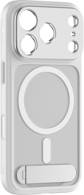 800q-01_134557 SmallRig 5550 FilMov Lightweight Photography Phone Case - iPhone 17 Pro (valkoinen) on kirkas MagSafe-yhteensopiva kotelo, jossa on tarkat kamera- ja painikeaukot sekä sisäänrakennettu suorakulmainen jalusta pohjassa.