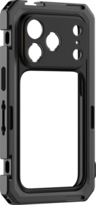SmallRig 5545 Mobile Video Cage for iPhone 17 Pro Basic Edition -puhelinkotelo on vankka musta kotelo, jossa on vahvistetut kulmat, tarkat leikkaukset kameroille, painikkeille ja porteille, ja joka on kuvattu takaa vinosti, jotta sen paksu suojarakenne korostuu.