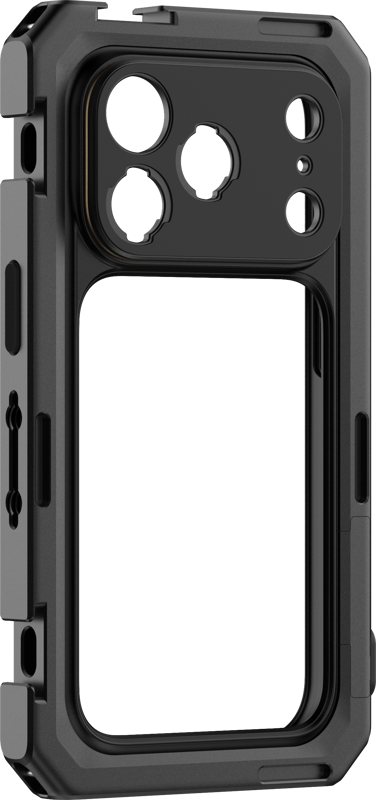 800q-01_134561 SmallRig 5546 Mobile Video Cage for iPhone 17 Pro Max Basic Edition -puhelinkotelo on tukeva musta puhelinkotelo, jossa on vahvistetut kulmat ja suuret aukot kameralle ja painikkeille.