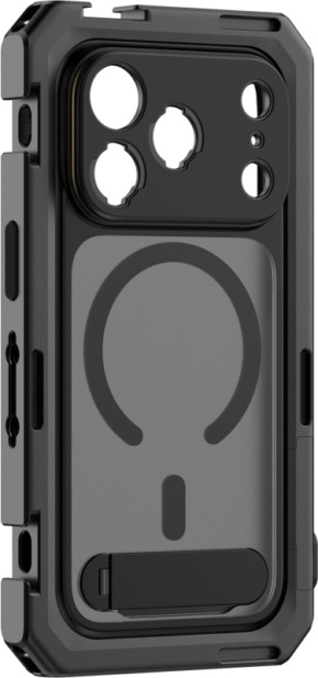The SmallRig 5542 Mobile Video Cage for iPhone 17 Pro Flagship Edition is a durable black case with reinforced corners, camera cutouts, a circular MagSafe charging outline and a built-in kickstand, shown from the back and angle.