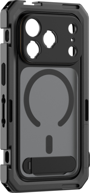 800q-01_134563 The SmallRig 5543 Mobile Video Cage for iPhone 17 Pro Max Flagship Edition is a durable black case with reinforced corners, MagSafe compatibility, large camera and port cutouts, and a built-in kickstand.