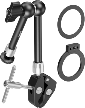 800q-01_134602 SmallRig 5604 MagSafe compatible crab clip mount: adjustable black metal mounting arm with tension knob and pivots, comes with two round rings and a small bracket for mounting equipment such as cameras or lights.