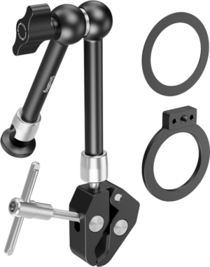 800q-01_134602 SmallRig 5604 MagSafe compatible crab clip mount: adjustable black metal mounting arm with tension knob and pivots, comes with two round rings and a small bracket for mounting equipment such as cameras or lights.