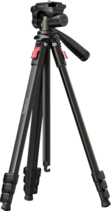 800q-01_134603 SmallRig 5474 Video Tripod -kolmijalka, musta, jossa on säädettävät jalat, punaiset lukitusmekanismit ja kahvallinen panorointi- ja kallistuspää; sivussa on SmallRig-tuotemerkki.
