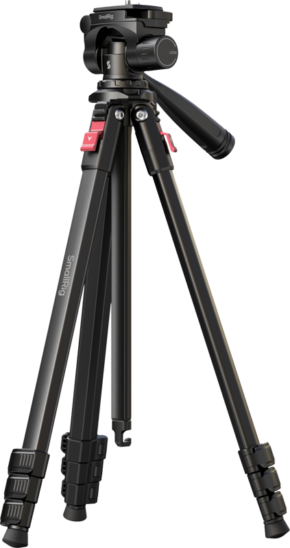 800q-01_134603 SmallRig 5474 Video Tripod, black, with adjustable legs, red locking mechanisms and handle with pan and tilt head; SmallRig branded on side.