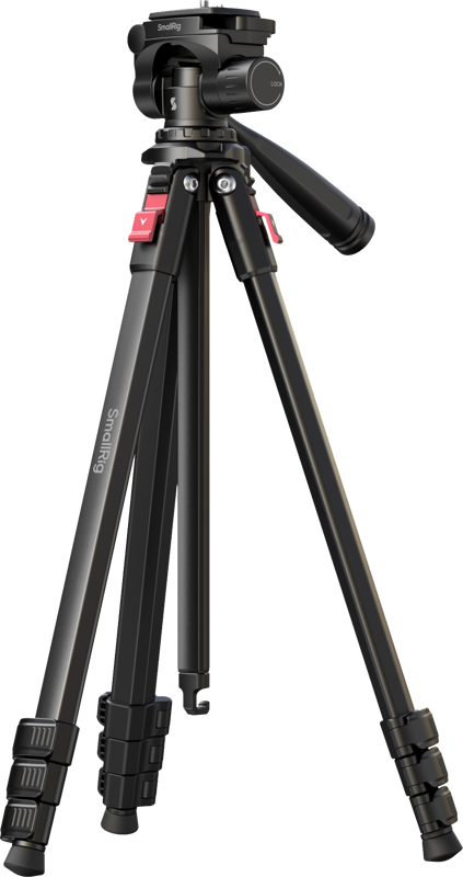 800q-01_134603 SmallRig 5474 Video Tripod -kolmijalka, musta, jossa on säädettävät jalat, punaiset lukitusmekanismit ja kahvallinen panorointi- ja kallistuspää; sivussa on SmallRig-tuotemerkki.