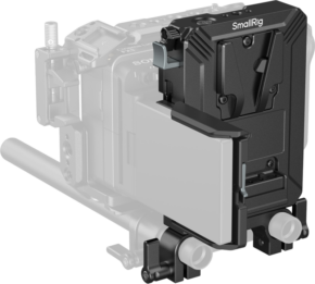 800q-01_134685 The black SmallRig 5226 V-Mount Battery Mounting Plate Set for 15mm LWS arms is mounted on the side of the camera cage to mount an external monitor, and the camera and rig components are visible in a lighter, semi-transparent shade.