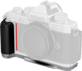 800q-01_134687 The SmallRig 5706 L-shaped mounting plate with silicone grip is attached to a white Nikon Z f camera. Only the grip and the base plate accessory are clearly visible, and the rest of the camera looks faded.