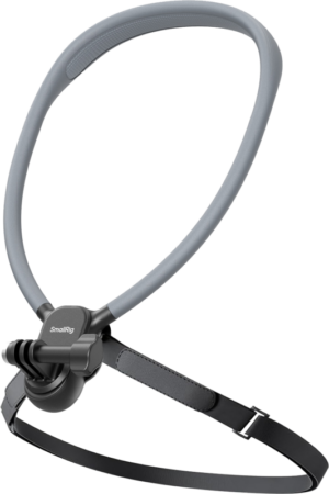 800q-01_134688 The SmallRig 5596 neck support for action cameras is a grey and black wearable mount with an elastic neck strap and adjustable chest strap, designed to hold the action camera in front of the user for hands-free recording.