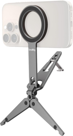 800q-01_134689 Keep your smartphone upright with the SmallRig 5649 Mobile Phone Support, featuring a circular holder and a metal stand with three folding legs.