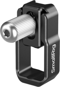 800q-01_134694 Lähikuva mustasta metallisesta SmallRig 5660 USB-C kaapelipidike EOS C50 hopeisella ruuvausruuvilla. Lisävarusteessa on merkintä SmallRig, ja se on tarkoitettu USB-C-kaapelin kiinnittämiseen EOS C50 -kameraan.