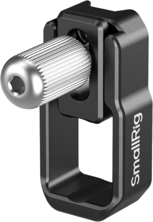 Close-up of the black metal SmallRig 5660 USB-C cable holder EOS C50 with silver screwdriver. The accessory is marked SmallRig and is intended for attaching a USB-C cable to the EOS C50.