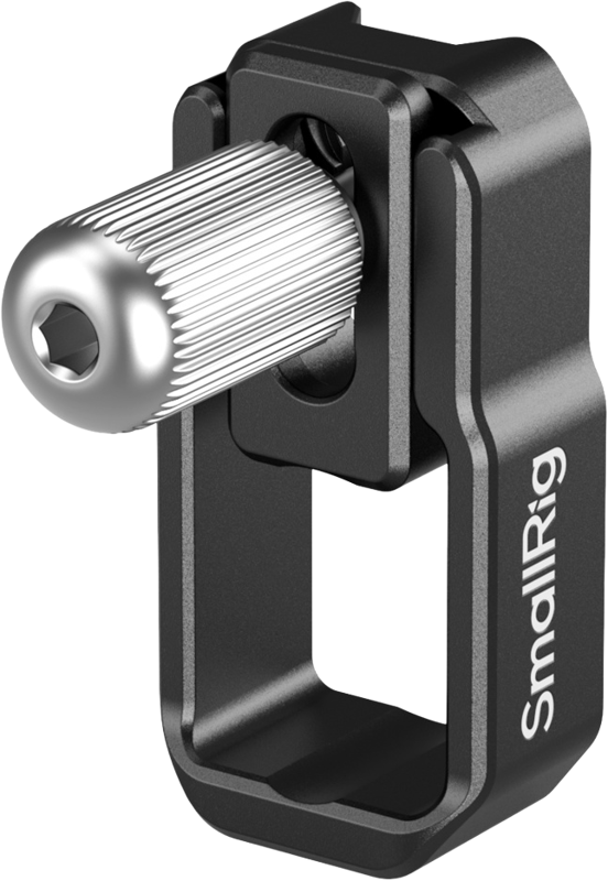 800q-01_134694 Lähikuva mustasta metallisesta SmallRig 5660 USB-C kaapelipidike EOS C50 hopeisella ruuvausruuvilla. Lisävarusteessa on merkintä SmallRig, ja se on tarkoitettu USB-C-kaapelin kiinnittämiseen EOS C50 -kameraan.