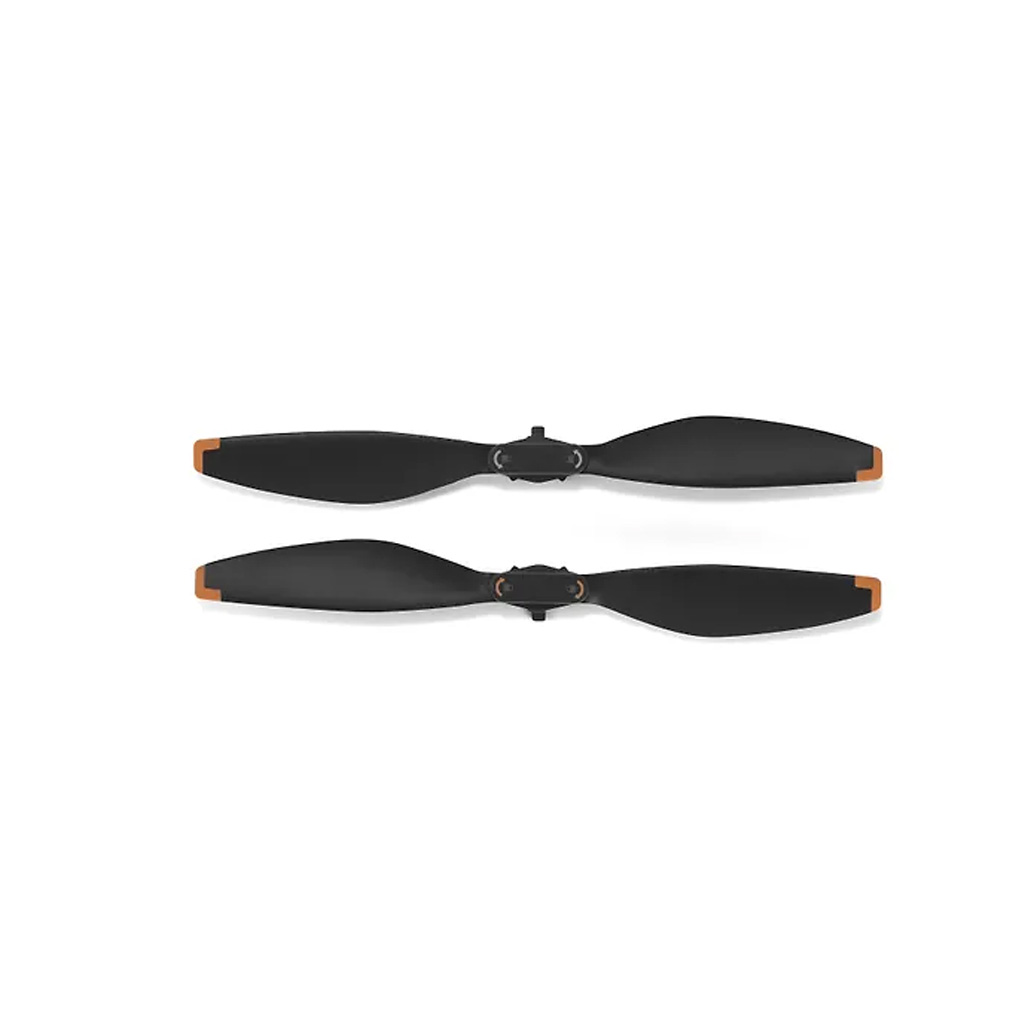 Propellite Two DJI Mini 5 Pro propellers, black with orange tips, appear horizontally and parallel on a white background.