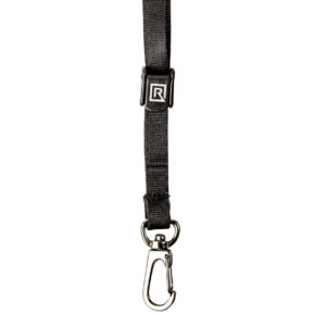 Close-up of the BlackRapid WandeR 35" BK loop, black nylon with metal swivel hook and adjustable plastic slider with the letter R inside a square.