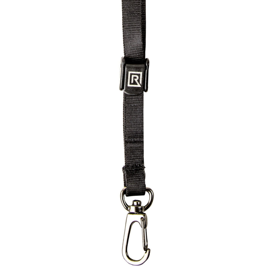 1593529733_260 The BlackRapid WandeR 47" Lanyard LG BK is a black nylon lanyard with a metal swivel hook lock and a rectangular "R" logo on a plastic fastener near the top.
