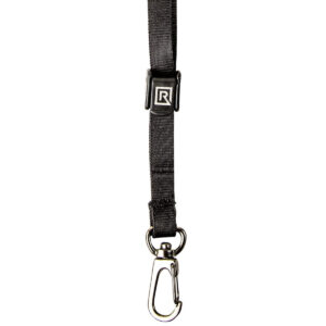1593529733_260 The BlackRapid WandeR 47" Lanyard LG BK is a black nylon lanyard with a metal swivel hook lock and a rectangular "R" logo on a plastic fastener near the top.