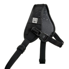 The BlackRapid Curve Breathe Kit camera strap features a black adjustable shoulder strap with a padded mesh lining and white R logo, designed for comfortable carrying.