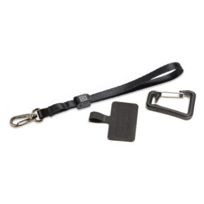 The BlackRapid WandeR Bundle Phone Safety Tether System, featuring a black nylon lanyard with metal buckle, rectangular loop with loop and carabiner clip, is shown on a white background.