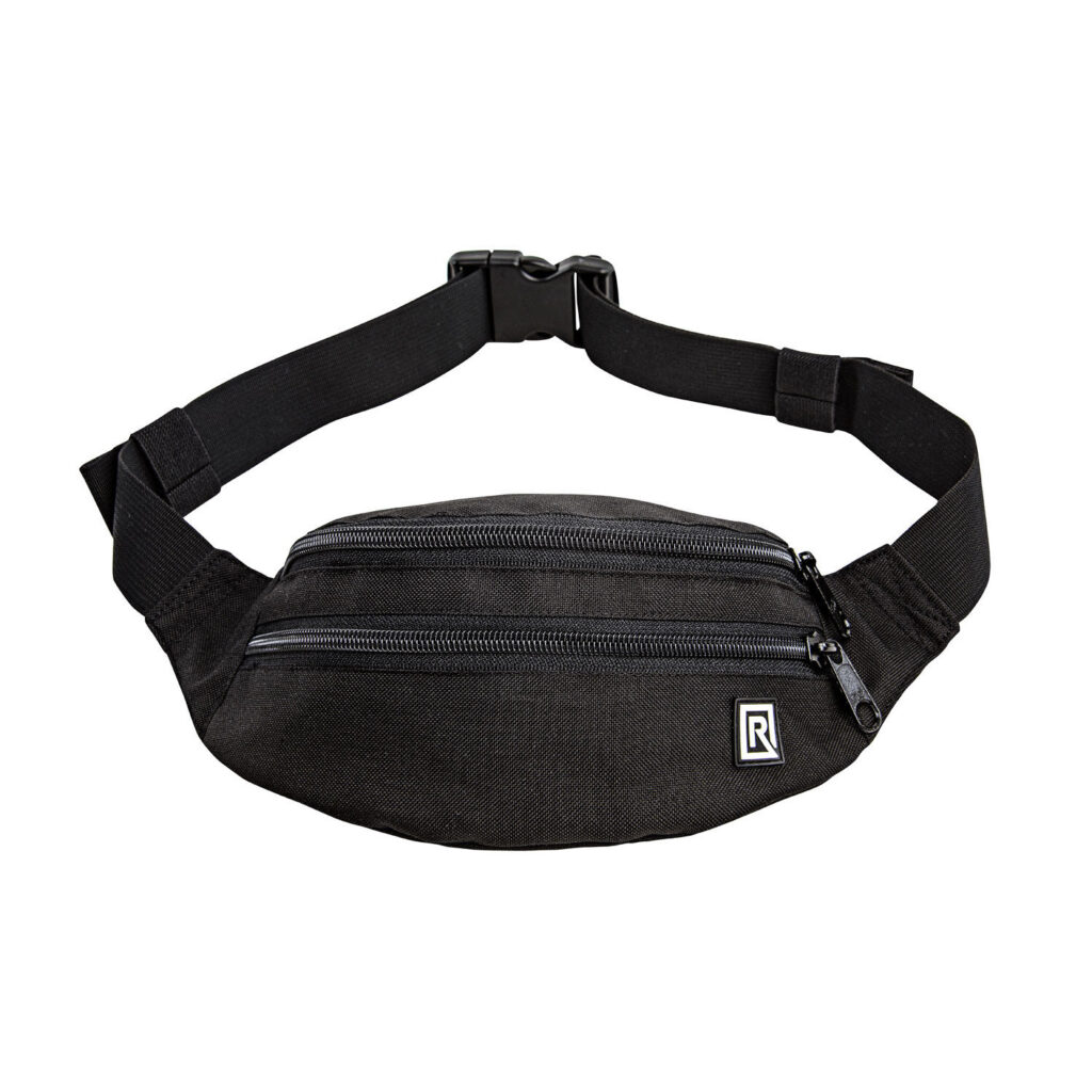 1608818247_221 BlackRapid Waist Pack Black on musta vyötärölaukku, jossa on säädettävä hihna, muovisolki, kaksi vetoketjulokeroa ja pieni suorakulmainen logolaastari edessä.