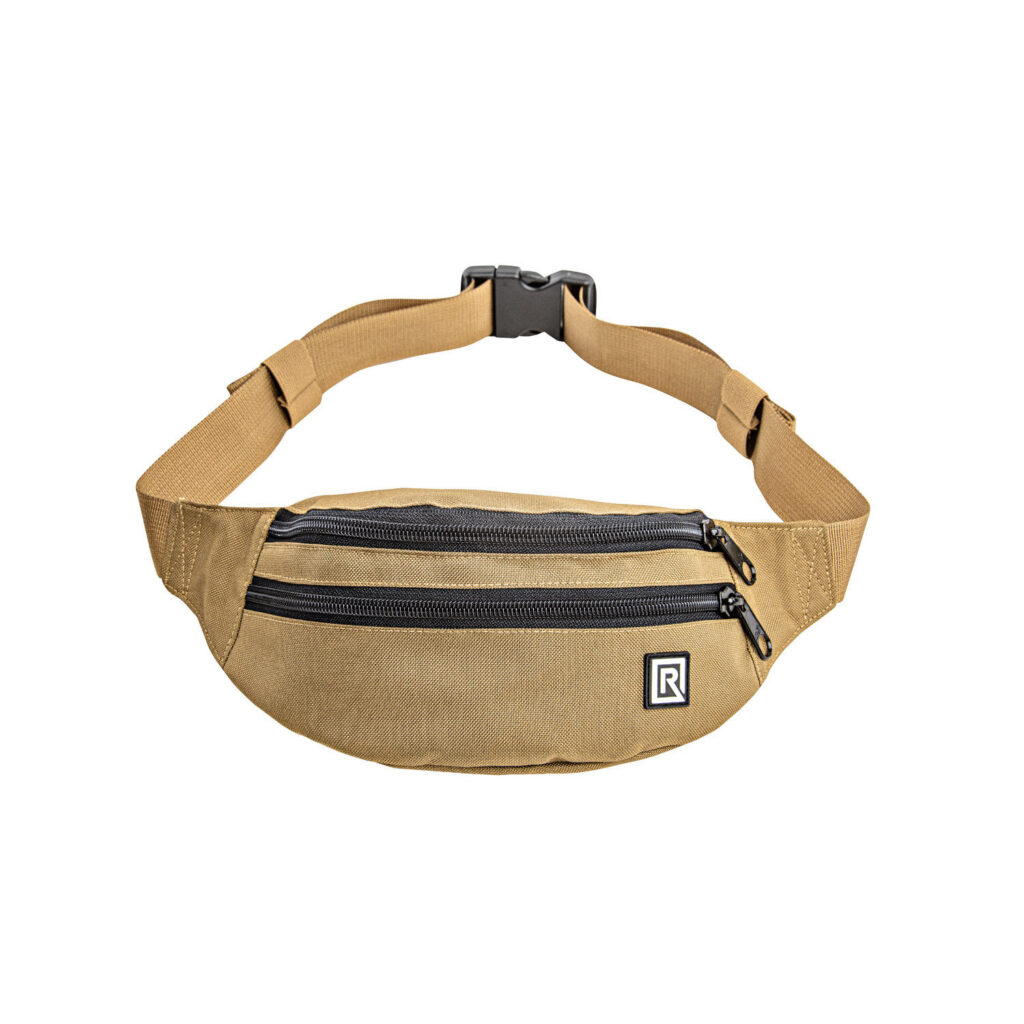 1608818477_131 The BlackRapid Waist Pack Coyote is a tan waist pack with two black zipped compartments, an adjustable strap with a black plastic buckle and a small black and white square logo on the front.