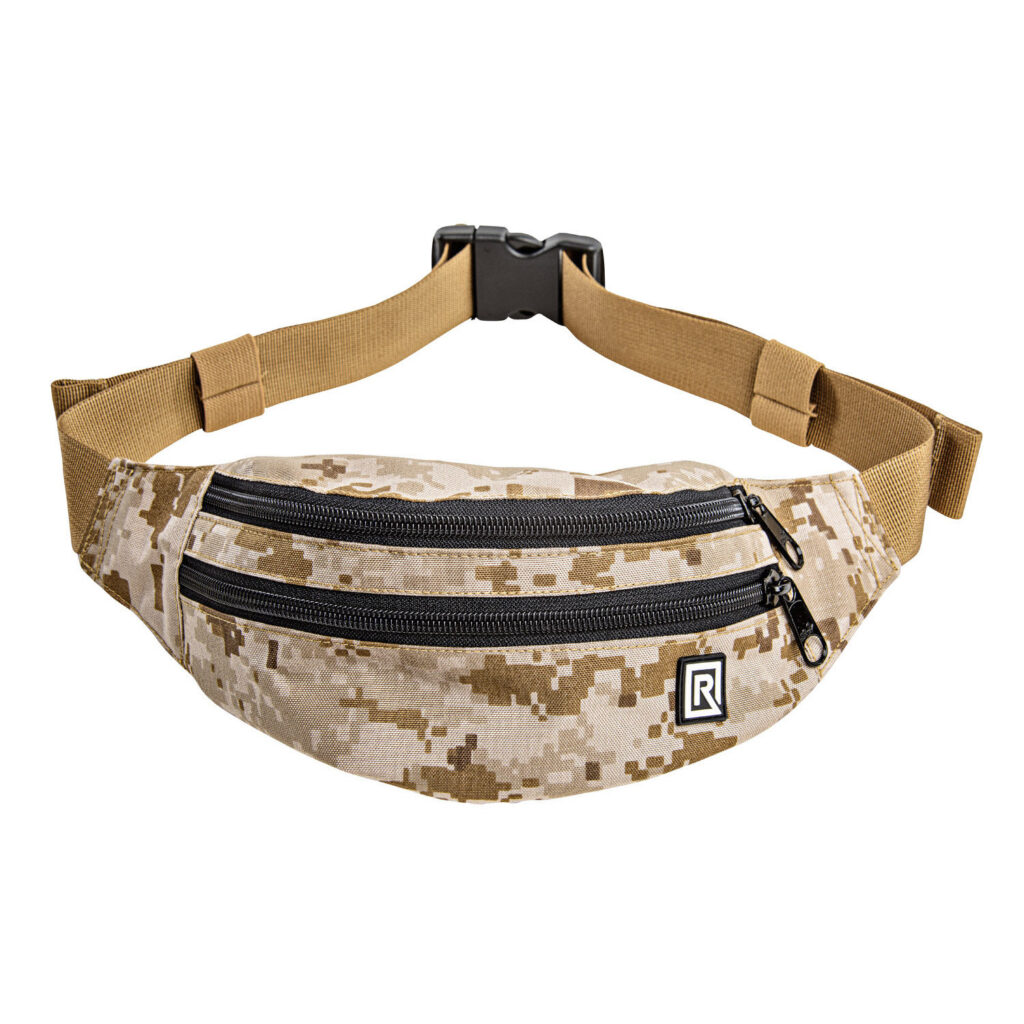 1608818495_238 BlackRapid Waist Pack -vyötärölaukussa on ruskea digitaalinen maastokuvio, kaksi vetoketjullista taskua, säädettävä ruskea hihna, jossa on musta solki, ja pieni suorakulmainen logolaastari edessä.