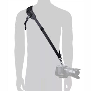 1711442550_197 The silhouette uses the BlackRapid Blackline I Left Camera Sling, a black cross-body camera sling with adjustable shoulder support and a metal connector to attach the camera hanging from the hip.