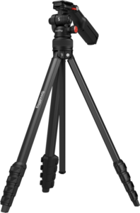 800q-01_134759 SmallRig 5473 Compact Aluminum Tripod with Phone Clamp -kolmijalka -mallissa on säädettävät jalat ja kuulapääkiinnitys, kuvassa mustana vaalealla pohjalla.