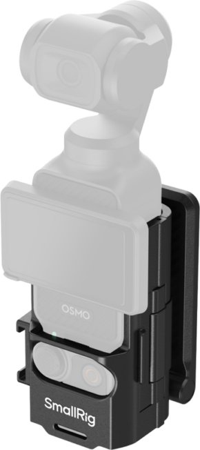 800q-01_134761 The SmallRig 5631 Mount Support for DJI Osmo Pocket 3 is a black mount designed to hold your compact camera securely, and in this image the camera and screen are shown with a semi-transparent grey coating.