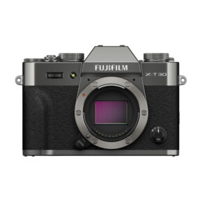 FujiX-T30IIIGrey1 Front view of the Fujifilm X-T30 III Body Charcoal Silver mirrorless camera, showing the exposed sensor and Fujifilm branding above the lens mount.